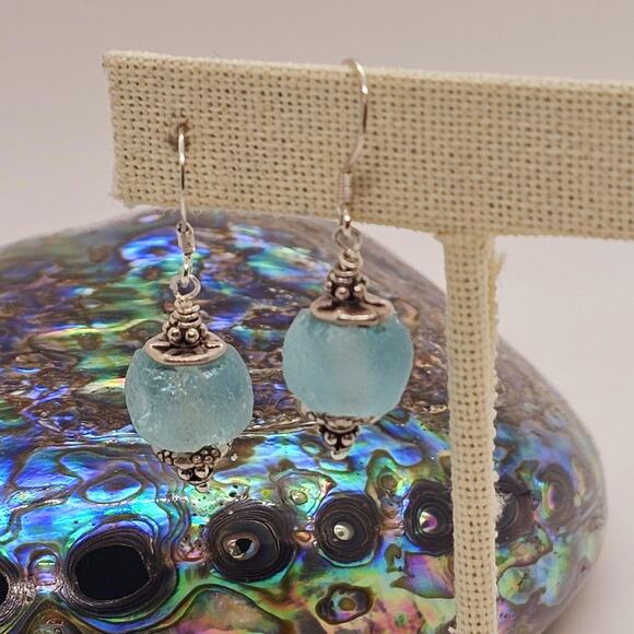 Recycled Grn Vintage Ghana Glass Beads Hill Tribe Sterling Earrings - Picture 6 of 8